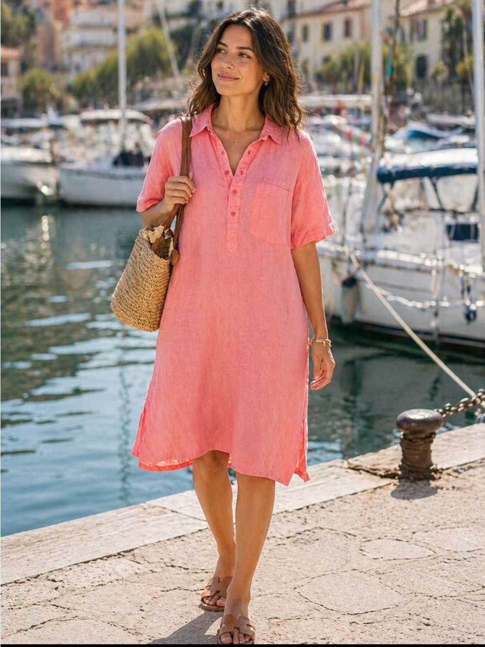 Coral linen shirt dress